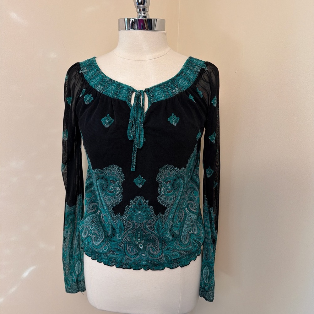Vintage Inc Mesh Paisley Neck Tie Blouse S